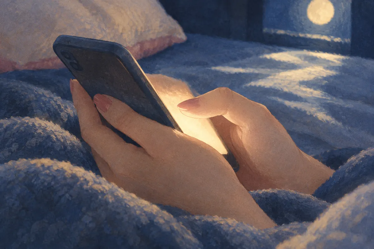 夜、布団の中でスマホを両手で持ち、返信を待つ手元