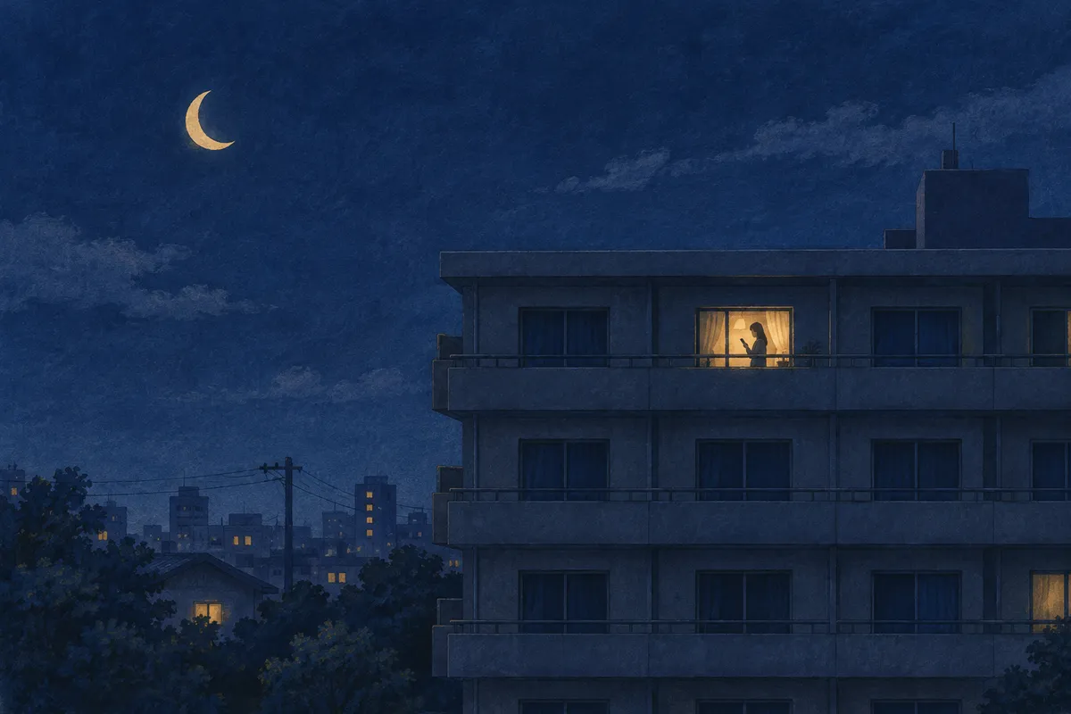 夜のマンションで、ひとつだけ明かりのついた窓